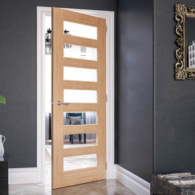 Deanta Biarritz Pre-Finished Internal Oak Door with Clear Bevelled Glass