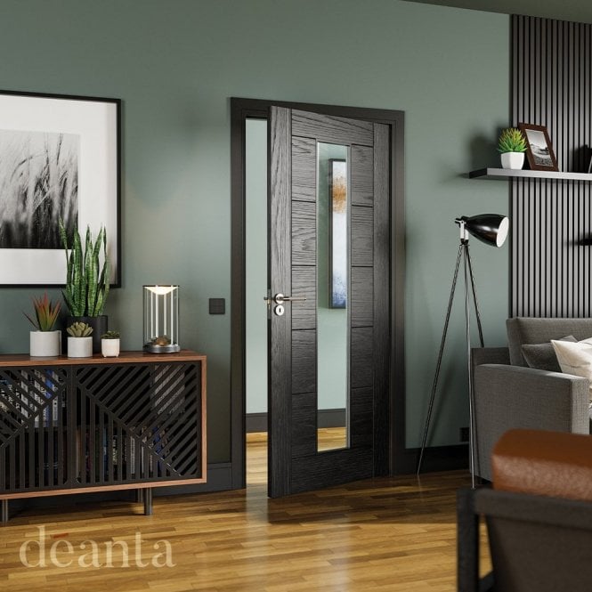 Deanta Internal Brushed Black Oak Seville 1L Clear Glass Door