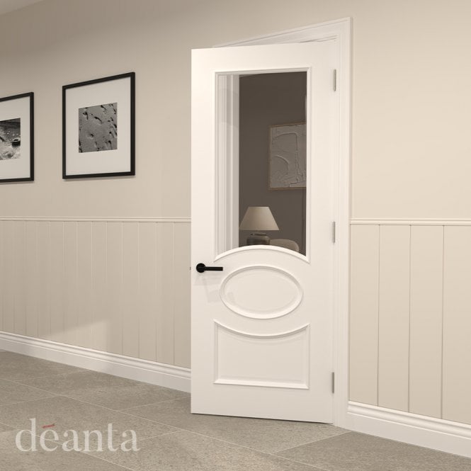 Deanta Internal White Primed Clarendon 1L Clear Bevelled Glass Door