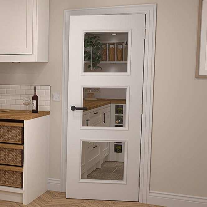 Deanta Internal White Primed Trinity 3L Clear Bevelled Glass Door