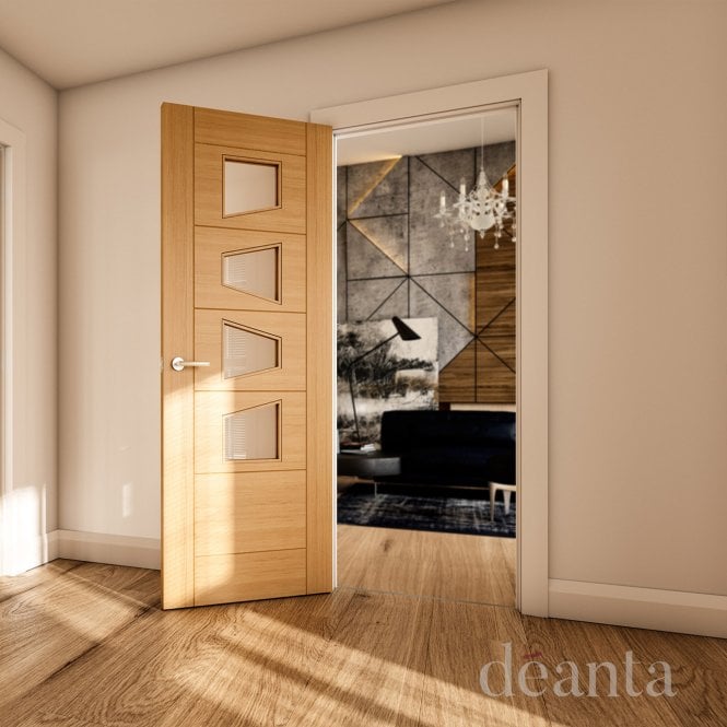 Deanta Seville 4P Slanted Clear Glazed Pre-Finished Internal Oak Door