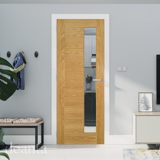 Deanta Seville Pre-Finished Internal 1L Offset Oak Door with Clear Glass