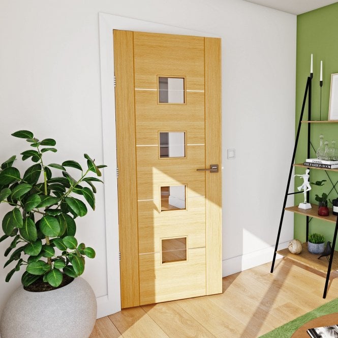 Deanta Valencia Pre-Finished Internal 4L Oak Door with Clear Etched Glass