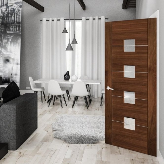 Deanta Valencia Pre-Finished Internal Walnut 4L Clear Etched Glass Door with Aluminium Inlay