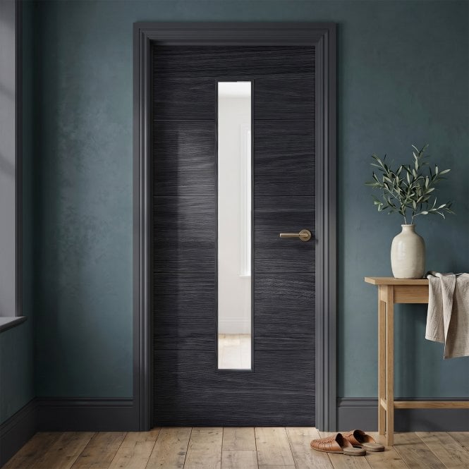 GW Leader Black Internal Fully Finished Linear Laminate 1 Light Clear Glass Door