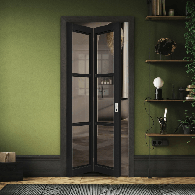 GW Leader Internal Jet Black Pre-finished Industrial Studio 3L Clear Glass Bi-fold Door