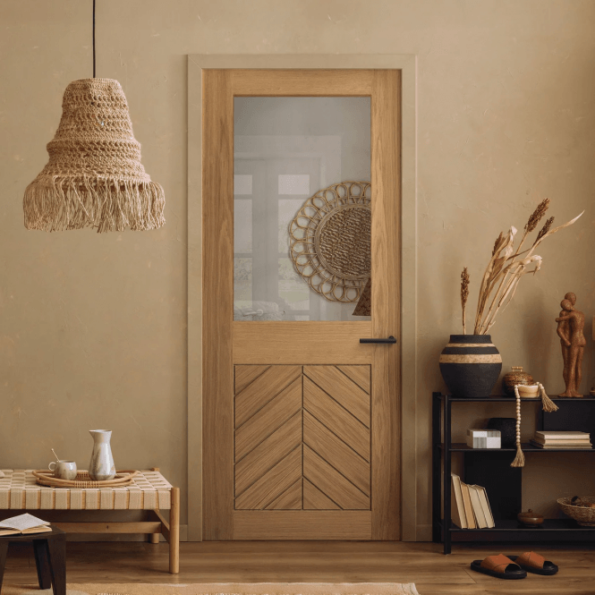 GW Leader Internal Oak Pre-finished Chevron 1 Light 1 Panel Clear Glass Door