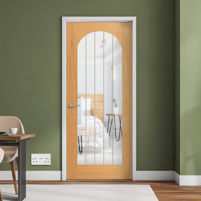 GW Leader Internal Oak Pre-finished Cottage Arch Top 1L Obscure Lined Clear Glass Door