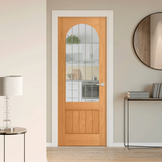 GW Leader Internal Oak Pre-finished Cottage Arch Top 1P 1L Obscure Lined Clear Glass Door