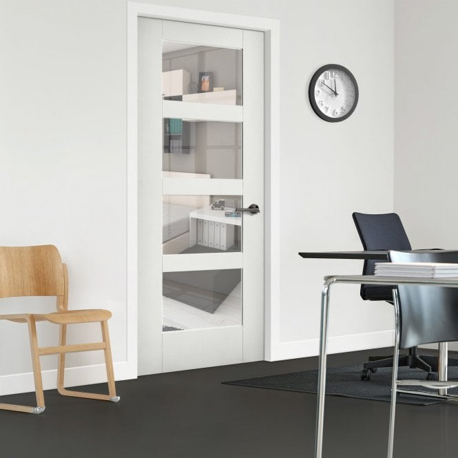 GW Leader Internal White Primed Shaker 4 Panel Door with Clear Glass