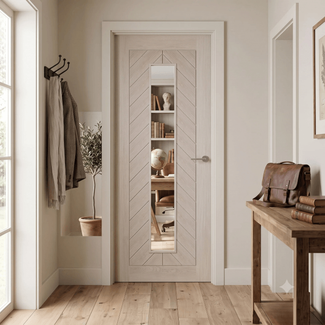 GW Leader Ivory Pre-finished Internal Endure Laminate Chevron Clear Glass Door