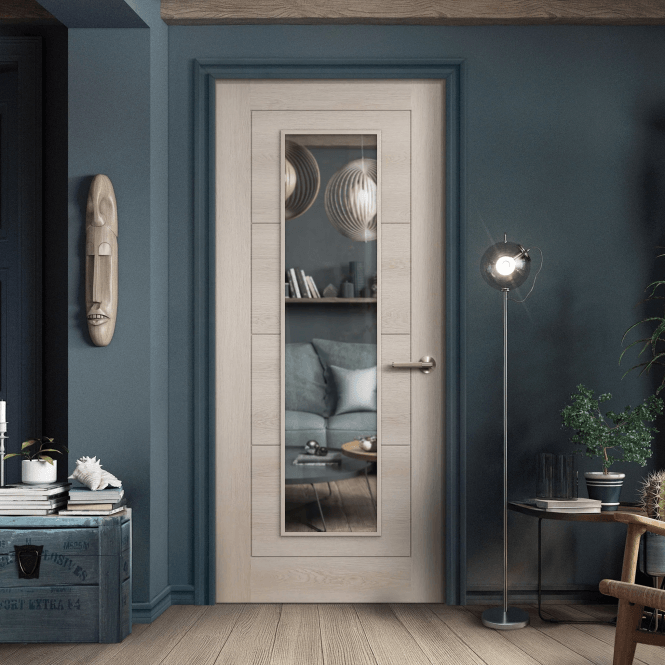 GW Leader Ivory Pre-finished Internal Endure Laminate Ladder Clear Glass Door