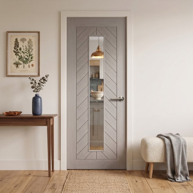 GW Leader Light Grey Pre-finished Internal Endure Laminate Chevron Clear Glass Door