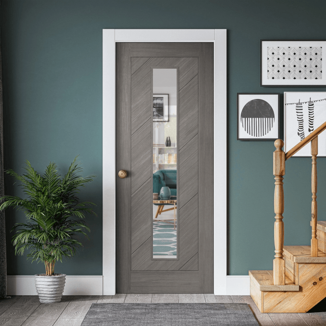 GW Leader Light Grey Pre-finished Internal Endure Laminate Stockholm Clear Glass Door