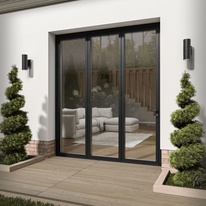 GW Leader Matt Black Aluminium External 3+0 Clear Glass Folding Patio Door