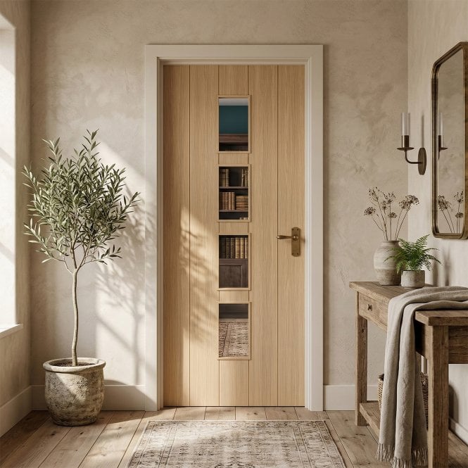 GW Leader Oak Internal Fully Finished Cottage Woodgrain Laminate 4 Light Clear Glass Door