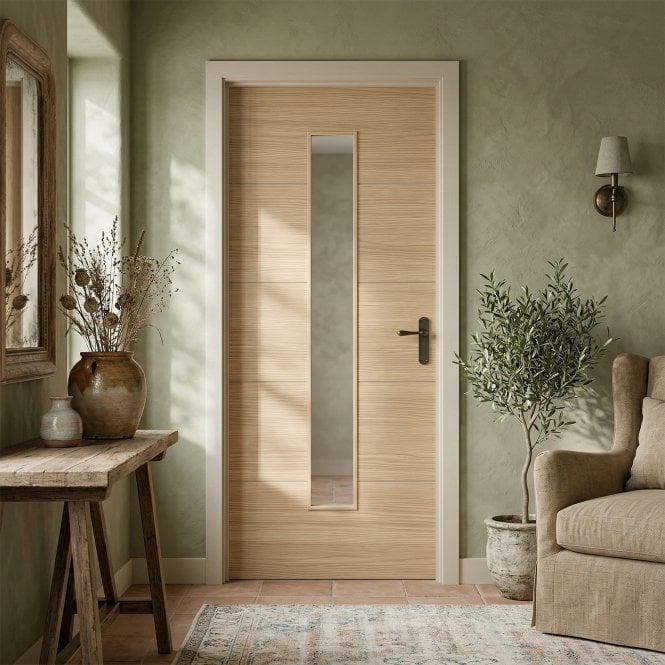 GW Leader Oak Internal Fully Finished Linear Laminate 1 Light Clear Glass Door