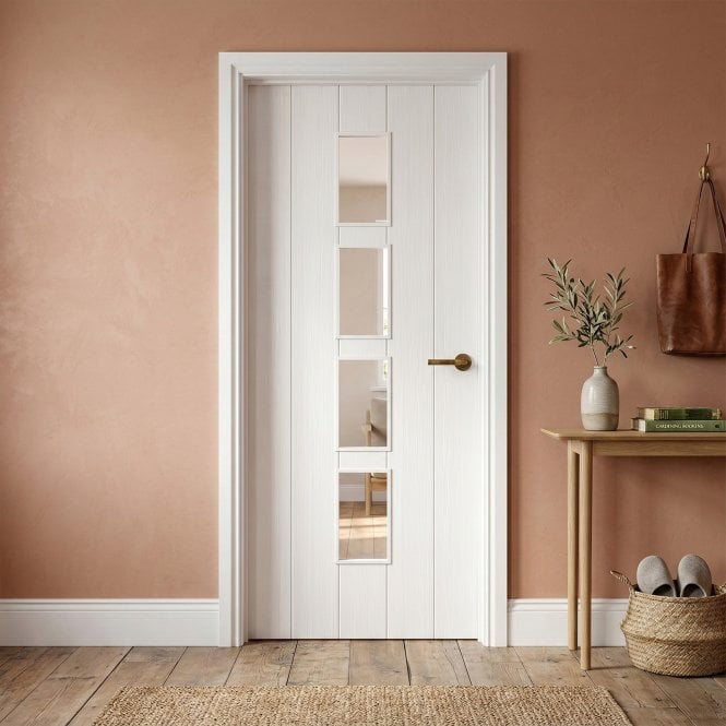 GW Leader White Internal Fully Finished Cottage Woodgrain Laminate 4 Light Clear Glass Door